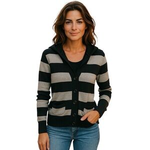 Tommy Hilfiger Vintage Women's Grey Knit Sweater Cardigan Sz Medium Logo Striped